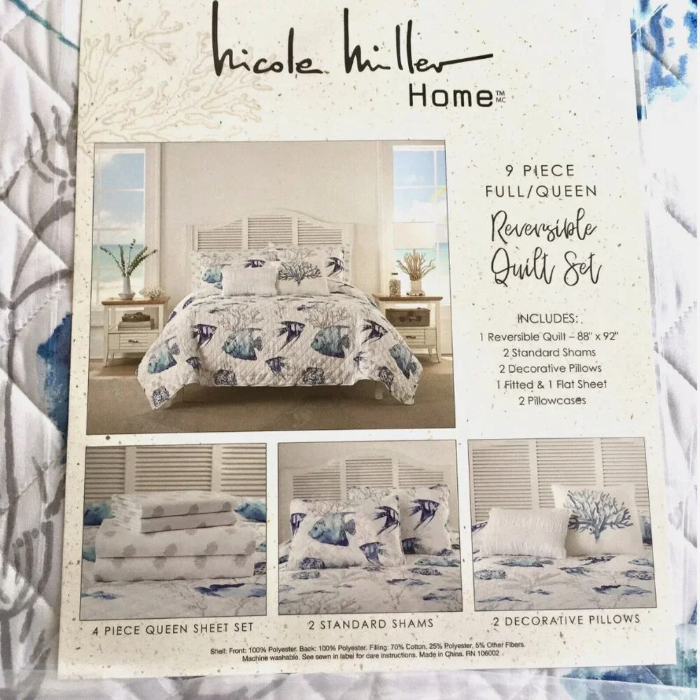 9pc Nicole Miller Blue Fish Coral Ocean QUEEN Quilt Set Sham Sheet Throw Pillow